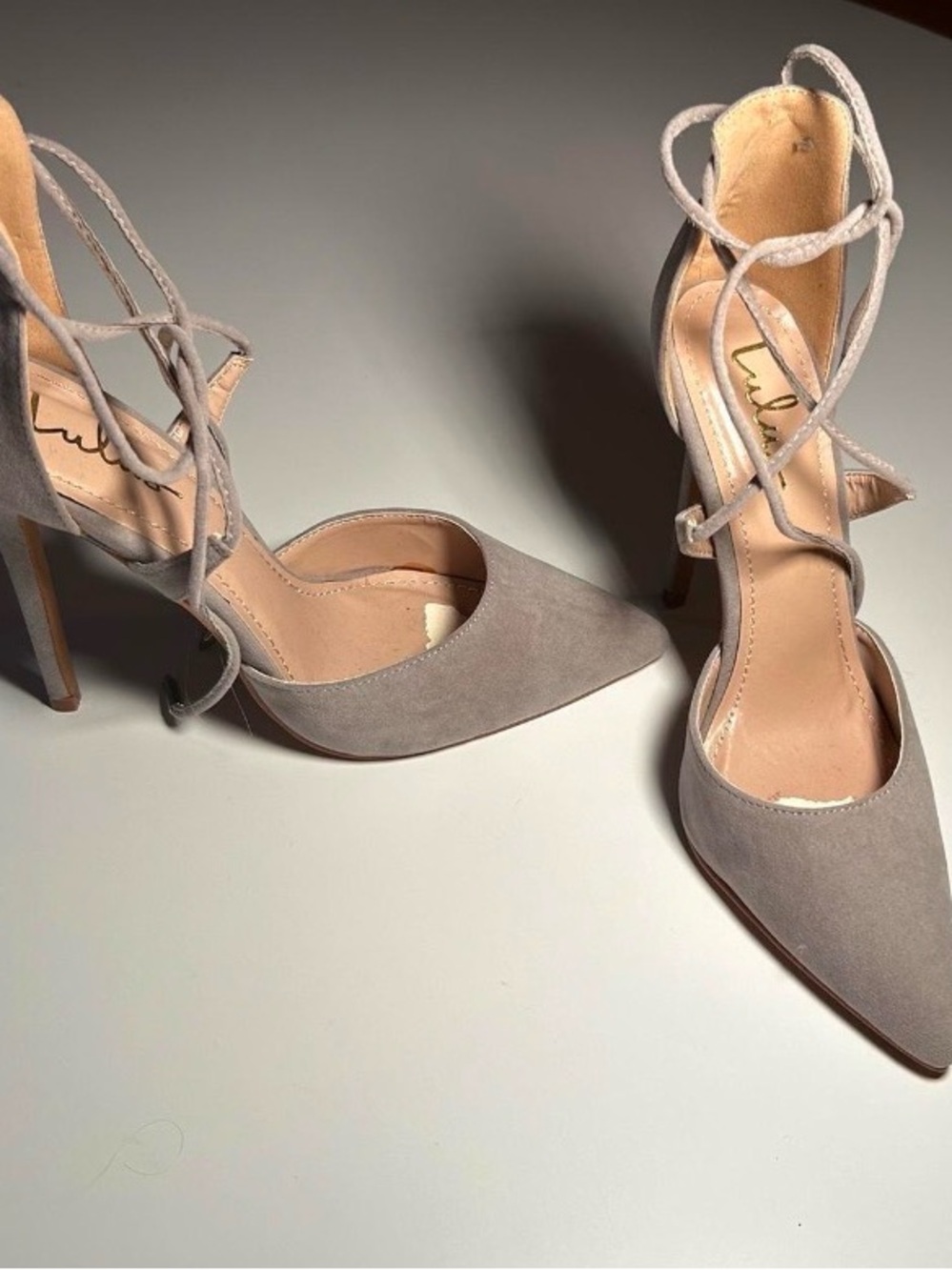 Lace-Up Pointed Toe High Heels in Taupe/Lavender